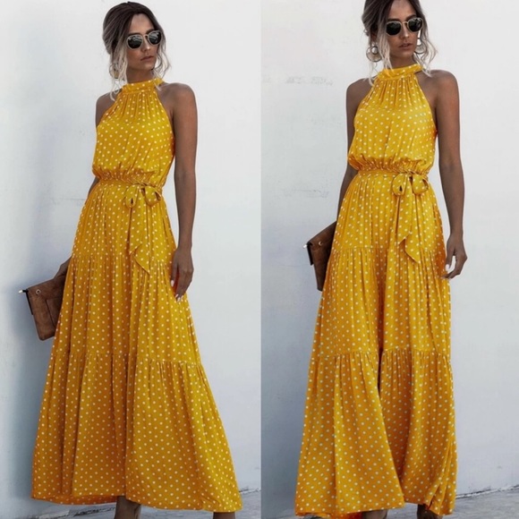 Dresses & Skirts - Boho belted polka dot ruffle halter maxi dress